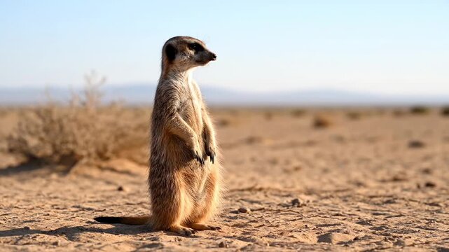 A standing meerkat in the desert with a sandy landscape