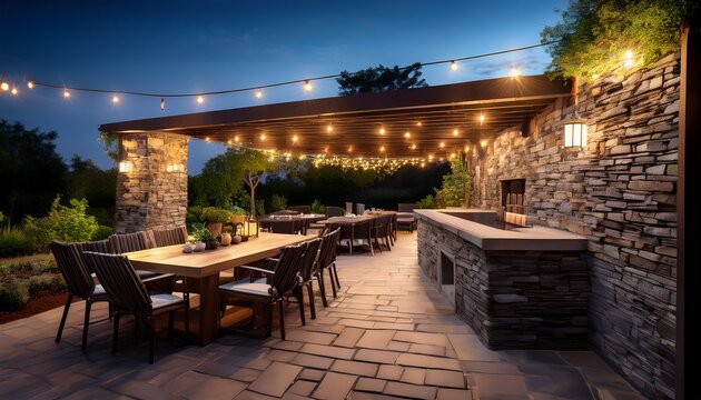 outdoor stone bar and grill area at night with string lights and seating