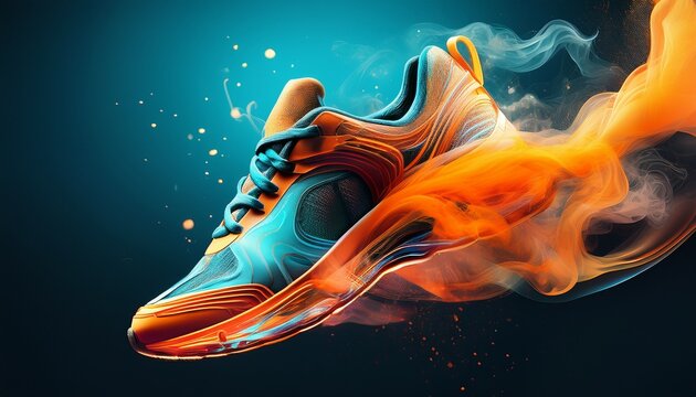 orange and teal smoke with abstract running shoe in smoke with shiny glitter particles abstract poster art ai