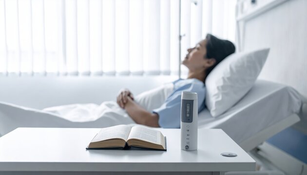 Incentive Spirometer Device and Open Book on Bedside Table Next to Patient in Hospital Room