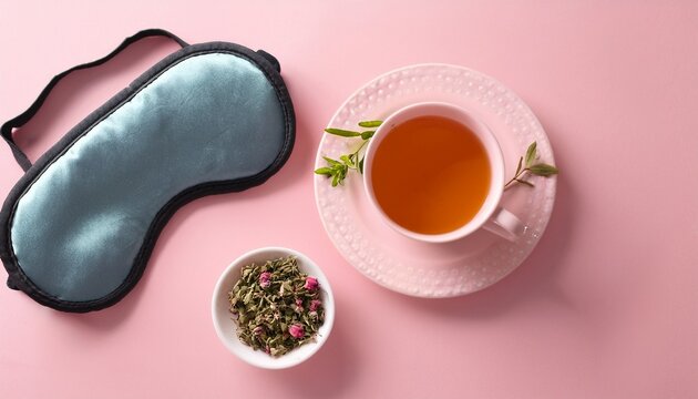 sleeping mask and herbal tea on pink pastel background minimal concept of rest quality of sleep good night insomnia relaxation