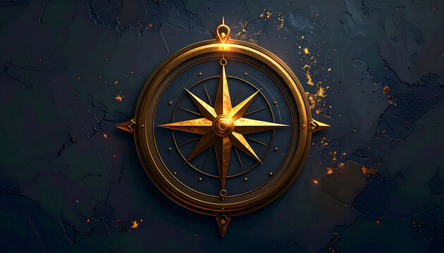 Golden compass navigation symbol on dark textured surface