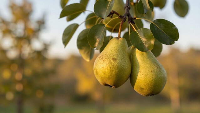 Close-up of two ripe pears hanging from a tree branch with green leaves, bathed in warm golden hour light. Soft focus background.