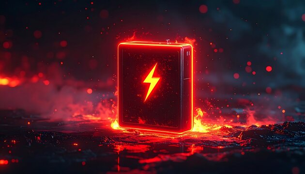 A vibrant, fiery render depicts an electric battery encased in intense flames, with an electrifying symbol at the center