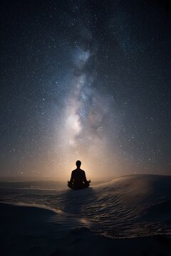 Silhouette meditating on sand dunes under starry cosmic night sky with galaxy light
