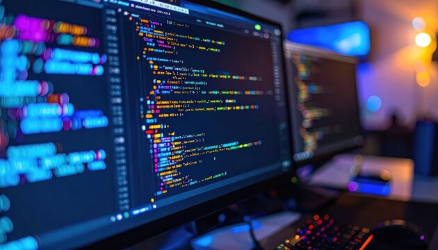 Computer monitors displaying complex software programming code.