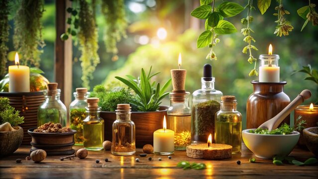 Holistic wellness ritual with essential oils and herbal remedies at home