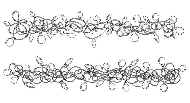 Detailed black and white line art of two festive holiday string lights for coloring pages or decorative borders.