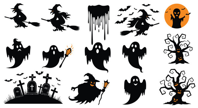 Halloween silhouette set includes witches flying on brooms ghosts and spooky trees with a graveyard scene for festive holiday decorations.