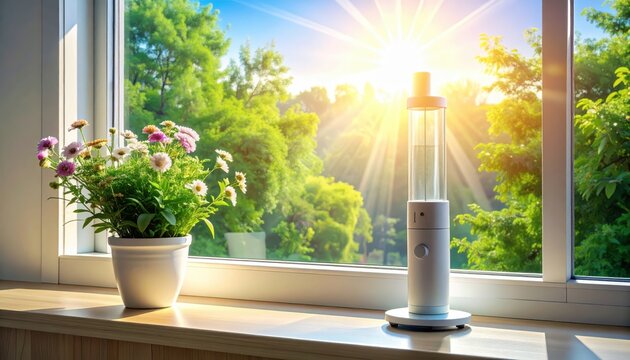 Incentive Spirometer Device on Hospital Window Sill with Bright Sunlight and Green Trees Outside