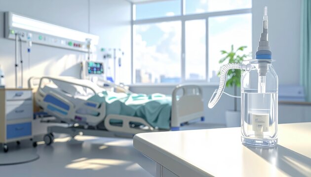 Incentive spirometer for respiratory therapy in a bright hospital room with a patient bed and medical equipment