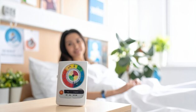 Incentive spirometer for lung function rehabilitation on a hospital bedside table with patient in background