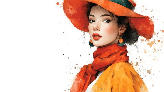 Watercolor portrait of a Quechua woman wearing traditional vibrant orange hat and colorful Andean scarf.