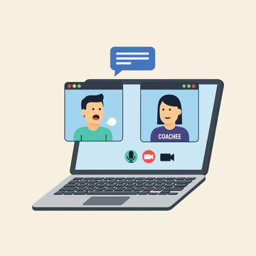 Laptop screen showing a video call between two people, one labeled "COACHEE".