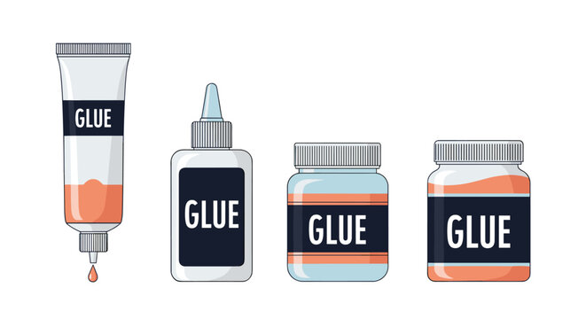 Different types of glue containers including a tube, bottle, and jars represent various adhesive products for crafts and repairs.