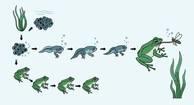 Educational diagram shows the biological life cycle of a frog from tiny eggs to a swimming tadpole and finally a mature adult.