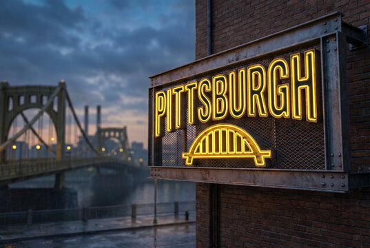 Pittsburgh Neon Sign with Bridge at Dusk