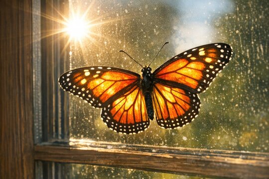 A monarch butterfly perched on a window sill, perhaps migrating or enjoying the view