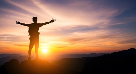 Fototapeta premium Silhouette of a successful hiker standing on a high mountain peak with arms raised in triumph against a brilliant sunset sky.