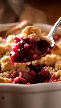 Spoon serving warm berry fruit crumble dessert.