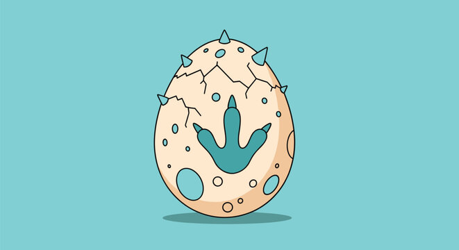 Cracked dinosaur egg with a baby dinosaur footprint on the shell representing pre-historic life and archeological discoveries.