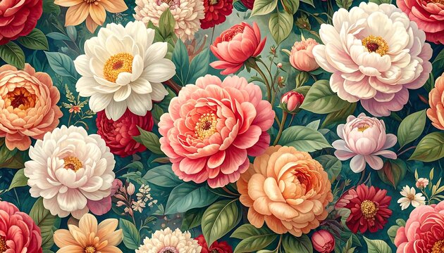 A vibrant floral tapestry showcases blooms of varying hues on a verdant backdrop, creating a romantic and flourishing display