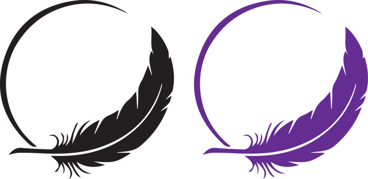 Black and purple feather icons in circle frames