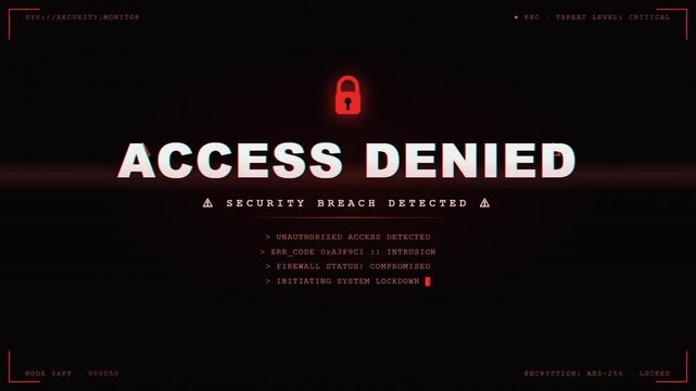 Access denied security breach warning screen with glitch effect and red lock icon