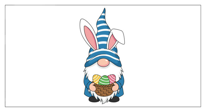 Cute Easter gnome character wearing bunny ears and holding a wicker basket filled with colorful decorated eggs.