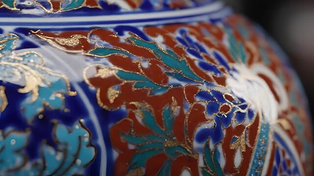Closeup of intricate blue and red floral pattern on ceramic vase.