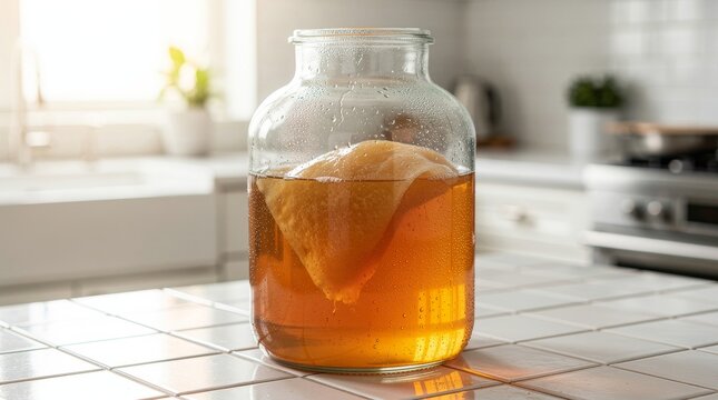 SCOBY fermenting kombucha tea in glass jar