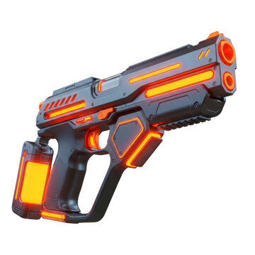 Futuristic Sci-Fi Laser Blaster Pistol with Glowing Orange Details.