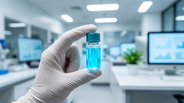 Scientist holding vial of blue liquid in laboratory with computers and plants research science medical technology discovery medicine experiment.