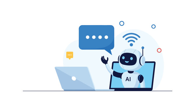 Futuristic AI robot character coming out of a laptop screen with a speech bubble and a wifi signal icon.