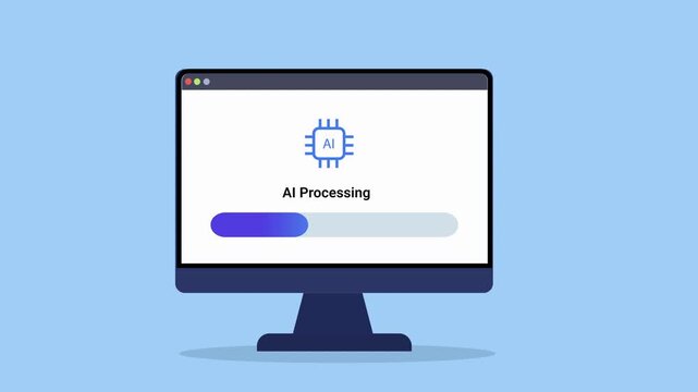 Animated AI processing interface displayed on desktop monitor with progress bar and artificial intelligence chip icon. Clean flat motion graphic for machine learning, automation, data processing, and 