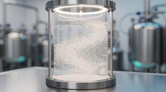 Bubbling Liquid in Scientific Experiment Beaker with Swirling Particles