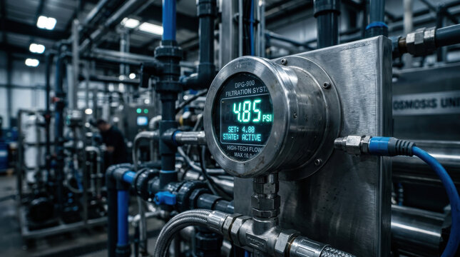 Digital pressure gauge industrial piping filtration system stainless steel factory interior process control Digital pressure gauge mounted stainless steel industrial piping near filtration system