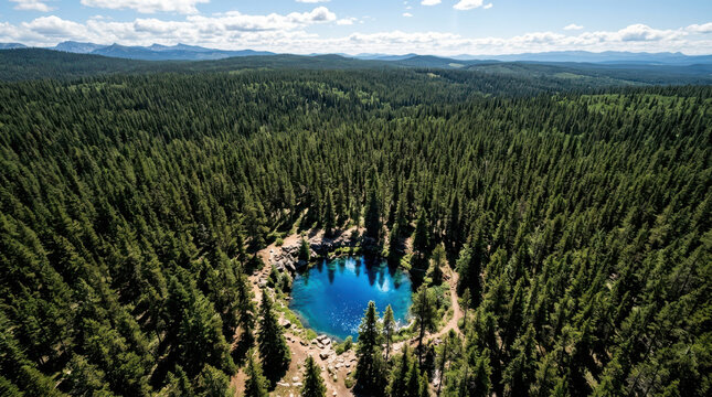 Drone view artesian well forest aerial evergreen blue water Aerial drone view over dense evergreen forest surrounding blue artesian well pool, rocky shore and hiking trail bright summer sky