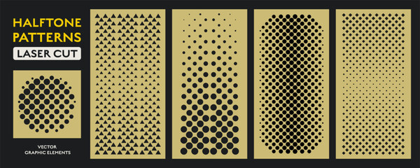 Laser halftone pattern with cut panel gold and geometric design architectural. Interior decorative metal with template screen fence and partition cnc carving. © DenKolt