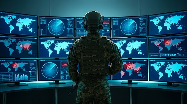 Military officer watches global threat map on multiple screens in command center advanced surveillance technology strategic operations.