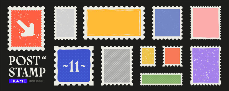 Blank vintage postage stamp frames with a distressed grunge texture and colorful interiors isolated on a dark background