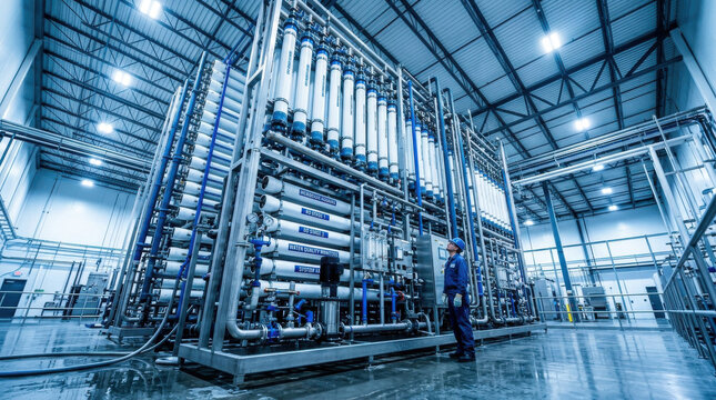 Reverse osmosis water treatment filtration system industrial plant purification membrane reverse osmosis machine water purification water filtration factory interior, technician inspect large