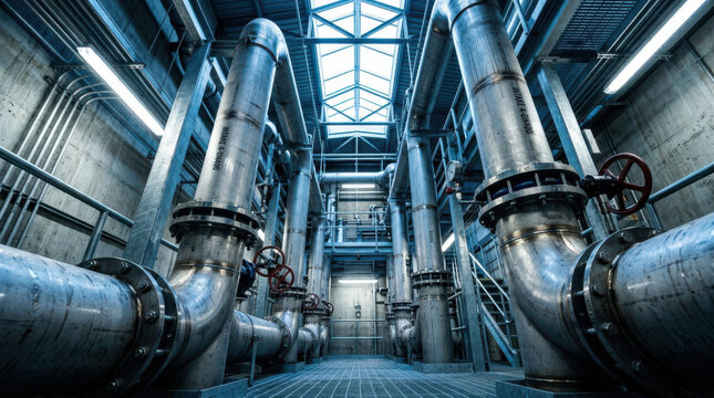 Water intake pipe valve industrial pumping station water treatment Large stainless steel pipe and valve network inside industrial water intake pumping station, clean metal corridor, skylight roof