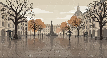 Rainy City Square with People and Umbrellas, Autumn Atmosphere © Kibul