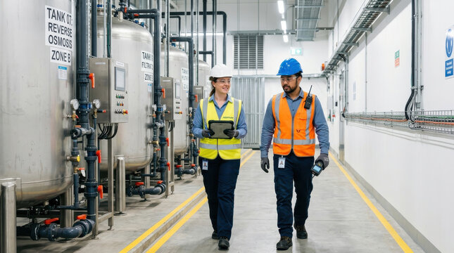 Technician engineer industrial corridor water treatment reverse osmosis safety vest hard hat tablet computer, technician team walking through industrial corridor beside water treatment tanks