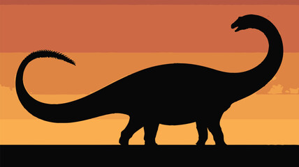 Fototapeta premium Brachiosaurus dinosaur silhouette at sunset, prehistoric sauropod vector illustration, long neck dinosaur profile against orange desert horizon