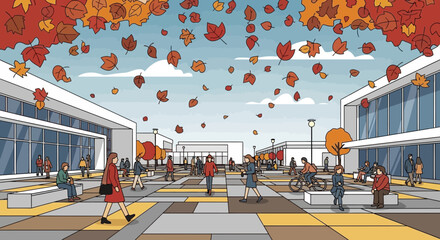 Obraz premium Autumn scene in modern city square with falling leaves and people