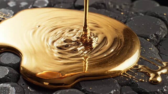 Molten gold liquid pouring onto dark textured surface close up macro shot.