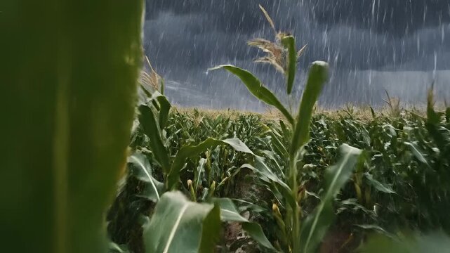 Cornfield during a heavy rainstorm with dark clouds and lightning.