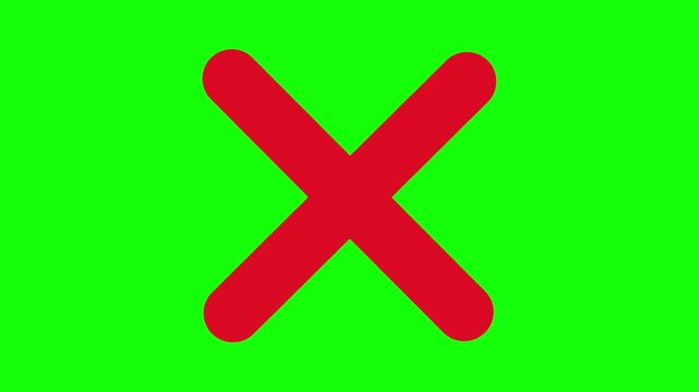 Red x mark symbol animation on green screen background, for chroma key, editing cross mark